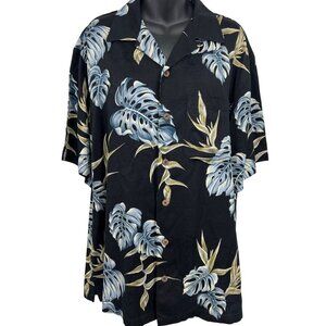 Koko Island Mens Aloha Hawaii Shirt Size Large L Black blue Leaf Collar EUC